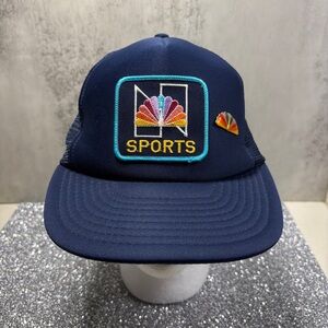 Vintage 1990s New Era Navy NBC Sports Patch Trucker Hat, Multicolor Peacock Pin